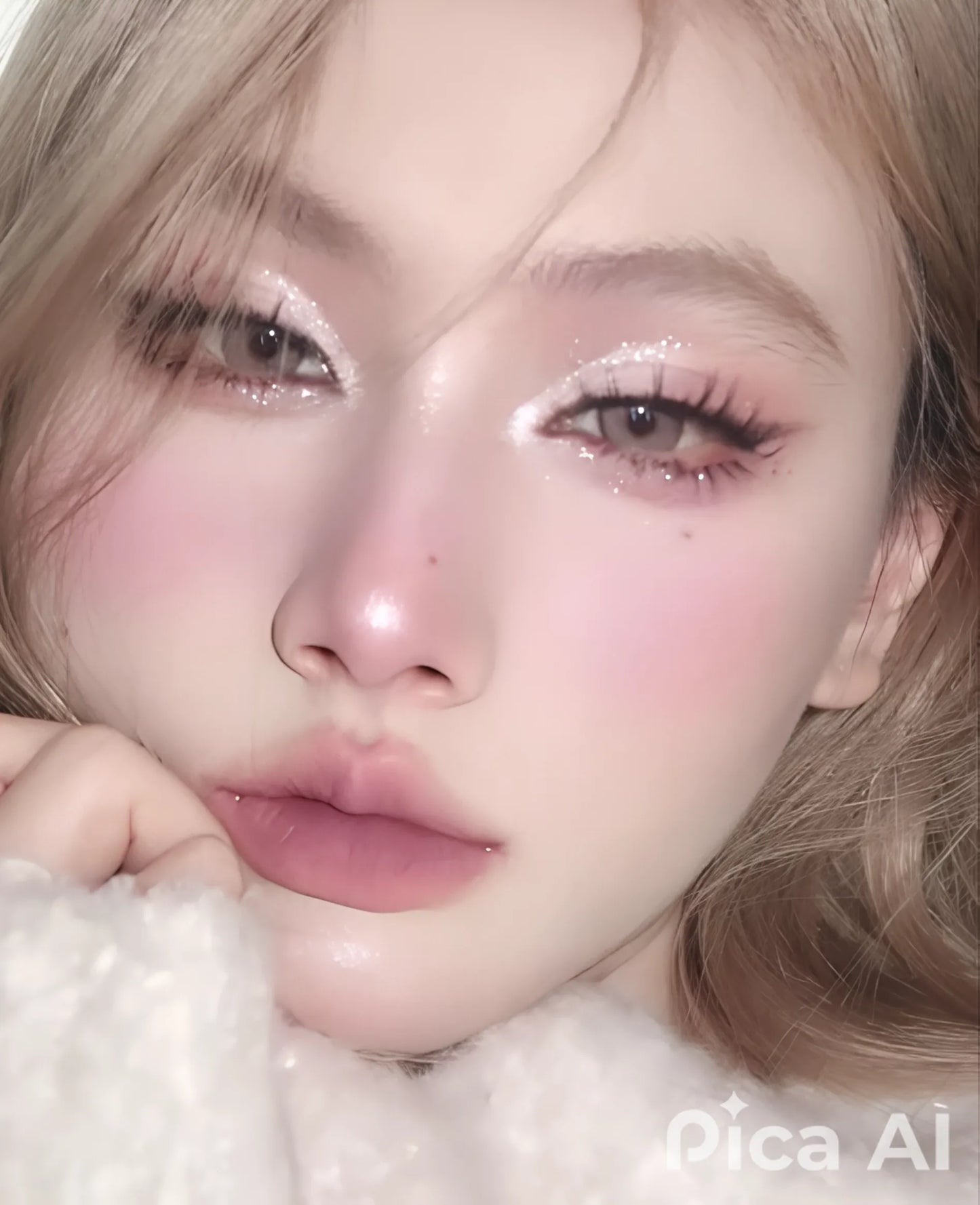 Girly pop product, face adorned with light pink blush and gold eyeshadow, lips in deep red, on blurred background