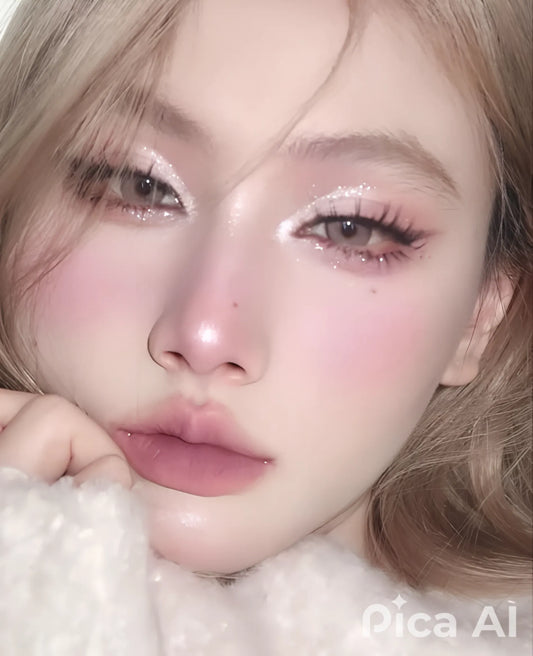 Girly pop product, face adorned with light pink blush and gold eyeshadow, lips in deep red, on blurred background